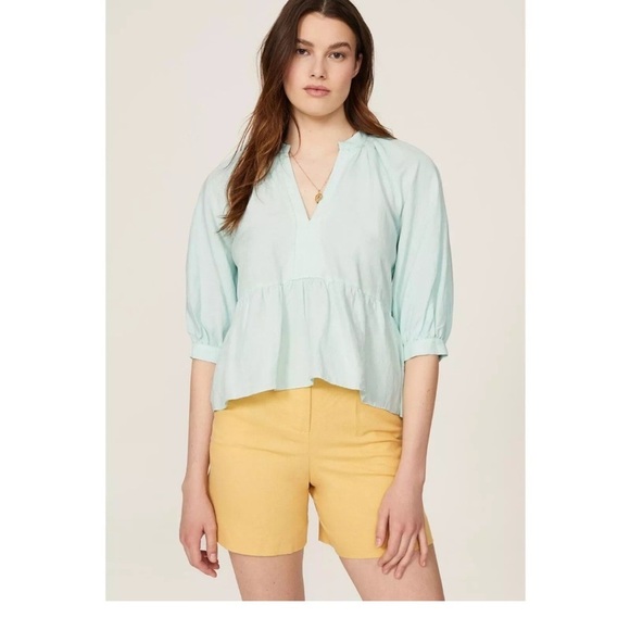 AMANDA UPRICHARD Diego Light Blue Linen Puff Sleeve with Split Neck Size Lg NWOT - Picture 1 of 10